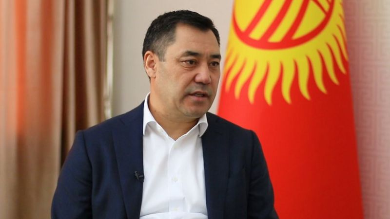 Садыр Жапаров на фоне флага