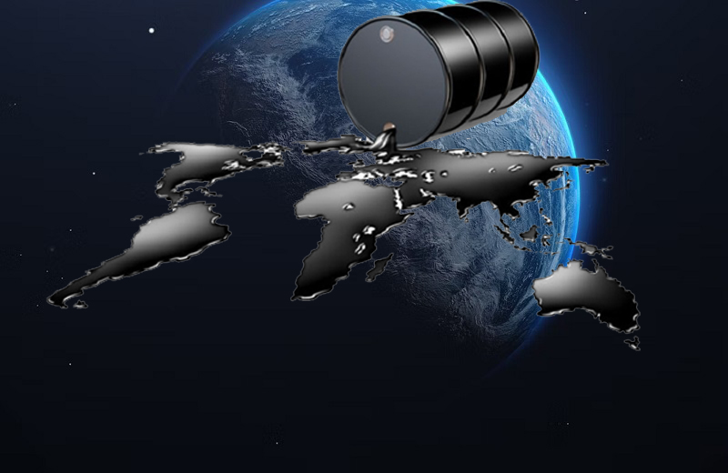 Изображение, символизирующее влияние геополитики на цены на нефть: черная бочка проливает нефть в форме карты мира на фоне планеты Земля