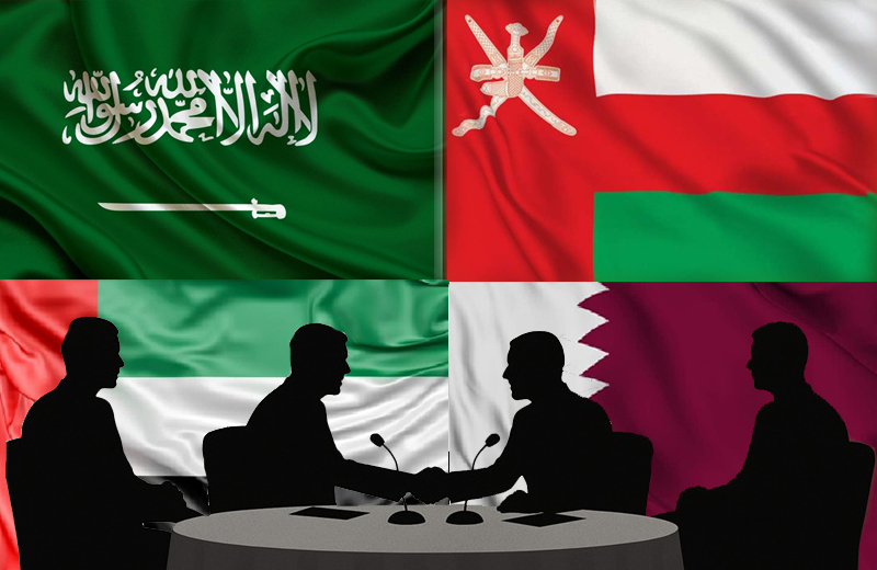 Инструмент мягкого влияния: как нефтяные державы превращаются в глобальных медиаторов Медиаторы из стран Персидского залива за переговорным столом на фоне флагов ОАЭ, Катара, Омана и Саудовской Аравии