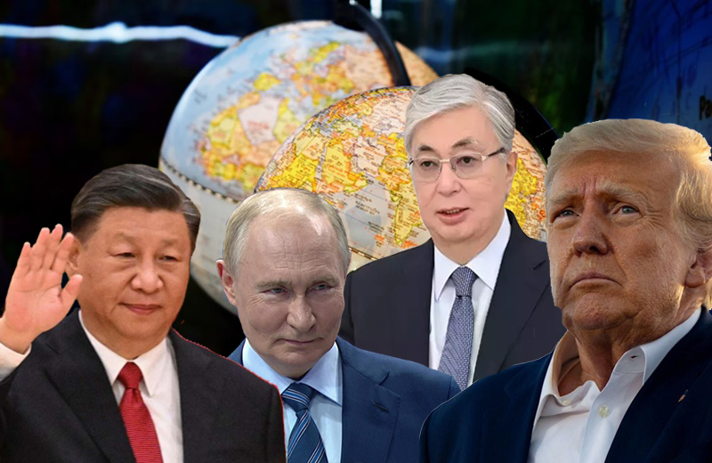 Президенты Си Цзинпин, Путин, Токаев и Трамп на фоне глобуса Земли - пошлины США и китайский саммит