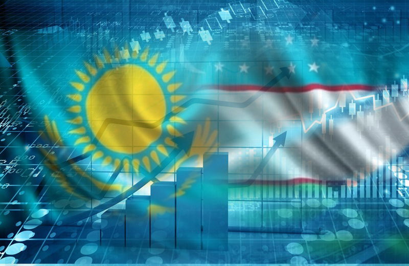 Флаги Казахстана и Узбекистана на фоне графиков роста и цифровых данных, символизирующих экономическое развитие двух стран