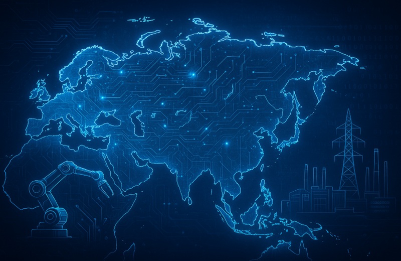 карта Евразии с цифровыми и промышленными элементами. Евразия выходит из сырьевой ловушки - Индустрия 5.0