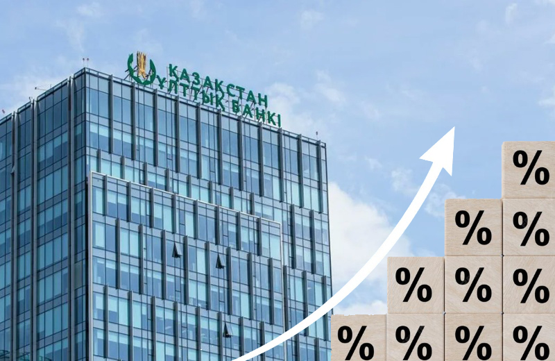 Нацбанк РК на фоне голубого неба и растущая диаграмма с процентными символами, символизирующая повышение базовой ставки